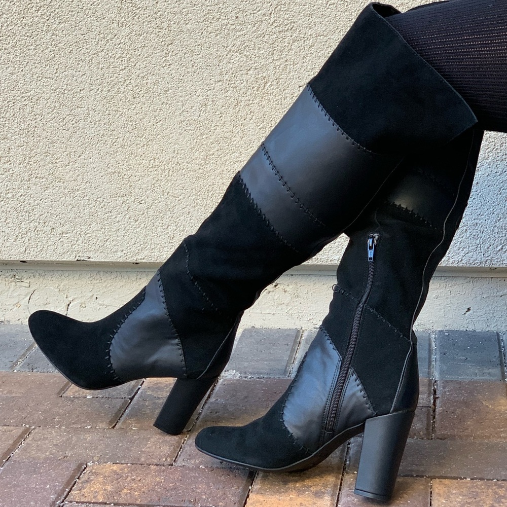 Quilt Patchwork Over The Knee Block Heel Boots - Picture 5 of 8